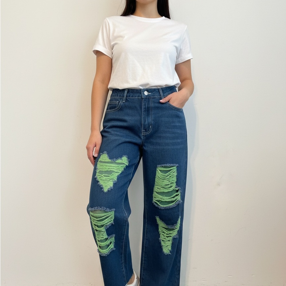 High-Waist Blue Women's Distressed Jeans with Green Distressed Detail